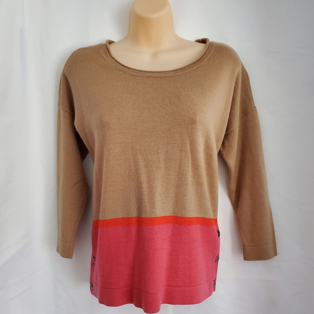 Loft Brown Neopolitan Brown Pink Stripe 3/4 Sleeve Sweater Deco Button Size MP